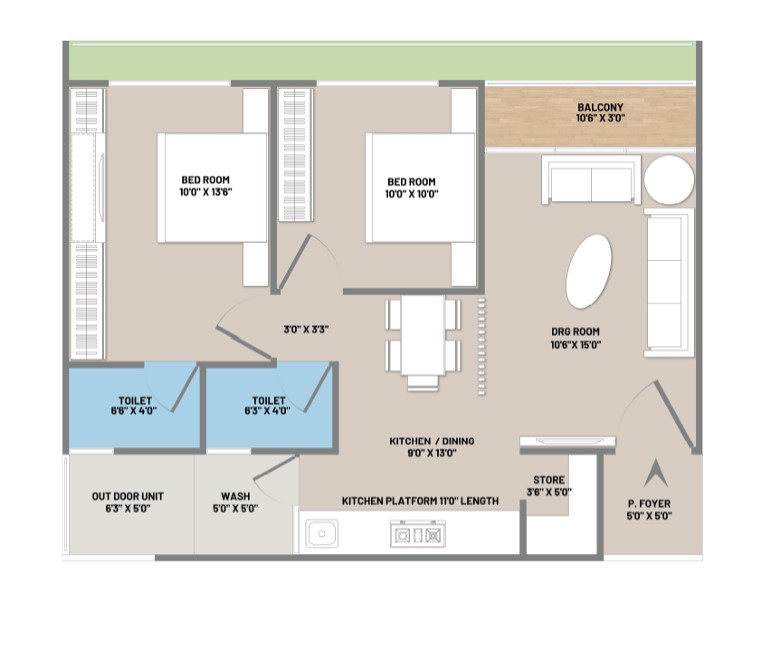 2 BHK Floor Plan